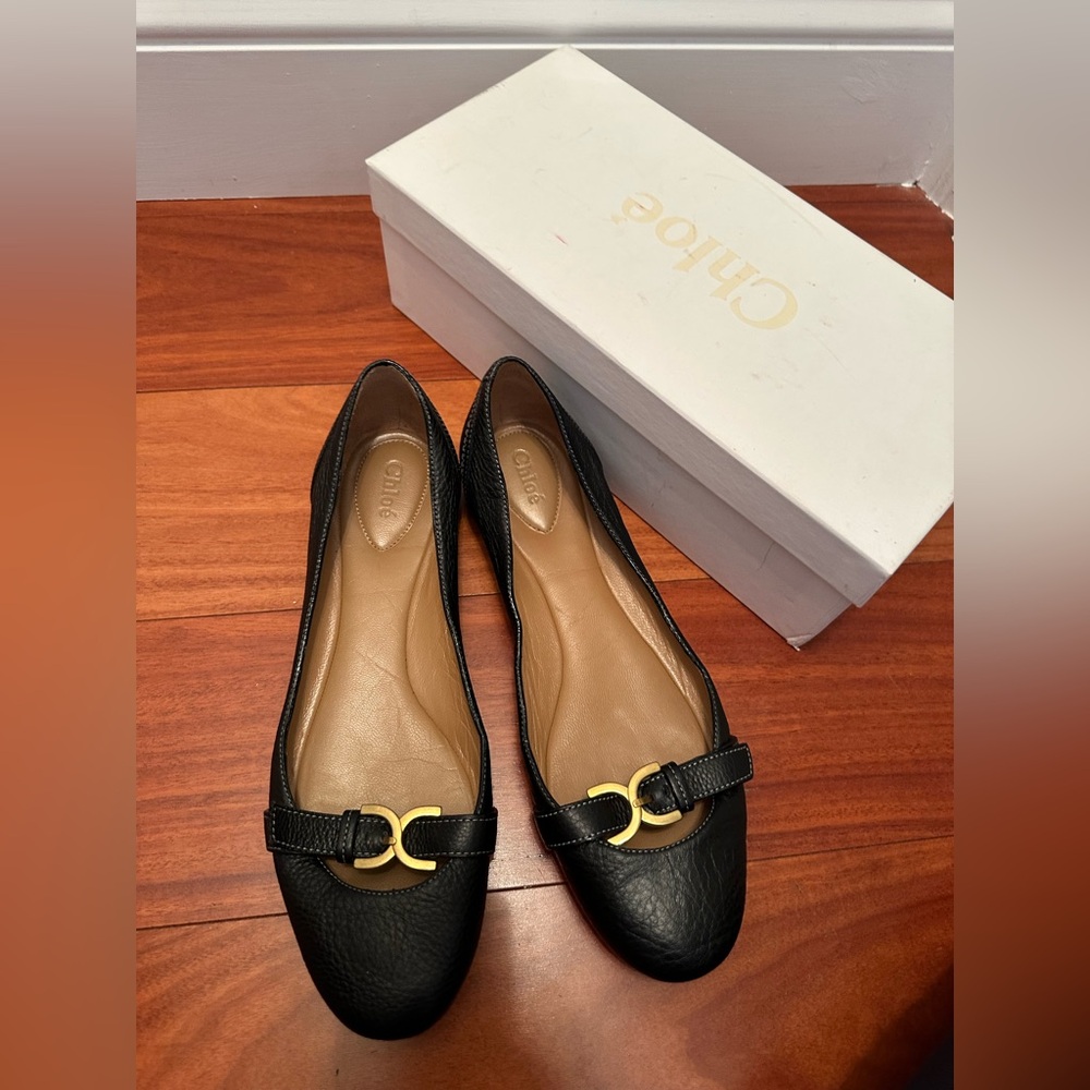 Chloe buckle Leather Ballerina Flat, Black 40.5